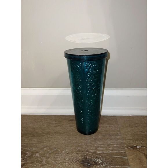 Starbucks Embossed Tin Floral Metallic Foil Teal Blue Cold Cup 24oz Tumbler 2017 - Picture 2 of 3
